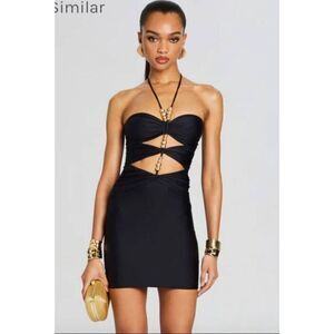 Shani Shemer Isabel Mini Dress, Black Spandex with Gold Bead Trim, NWT, Sz. M